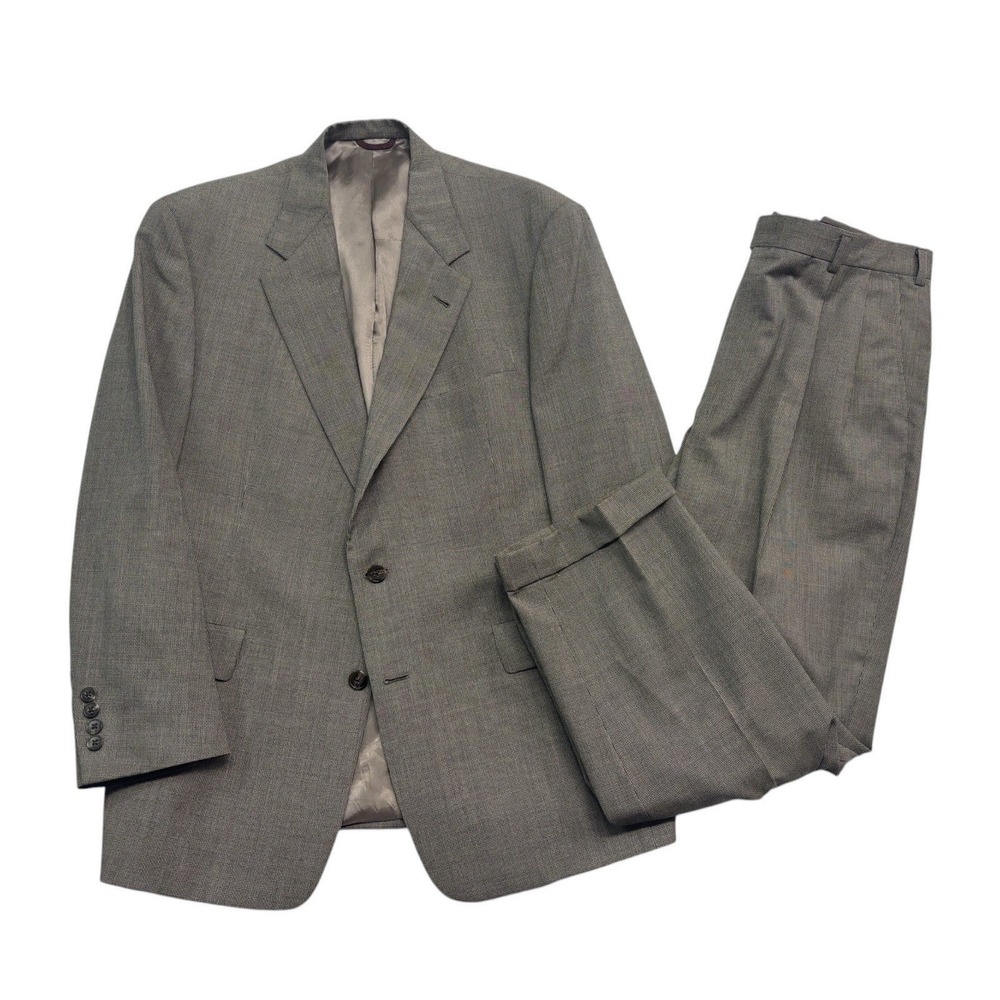 vtg 90s Hart Schaffner Marx 42R 36x30 Beige Micro Houndstooth 2pc Pant Suit USA